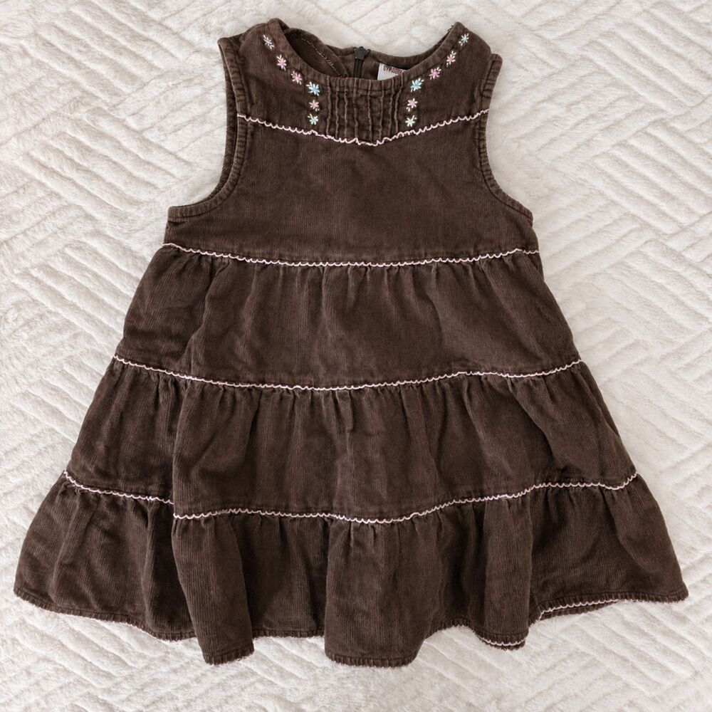 Gymboree Girls Size 2T Brown Corduroy Floral Embroidered Tiered Dress Y2K Bow